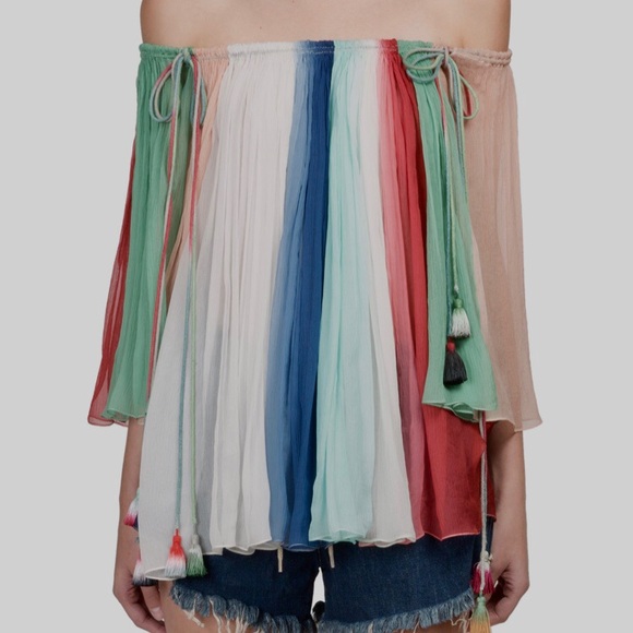 ECRU RAINBOW SILK TUNIC TOP WITH TUSSLES - Picture 16 of 16